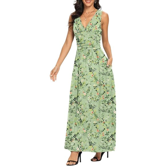 Women Ju Bai Green Deep V Neck Sleeveless Loose Plain Long Maxi Stretchy Dress - Picture 3 of 6